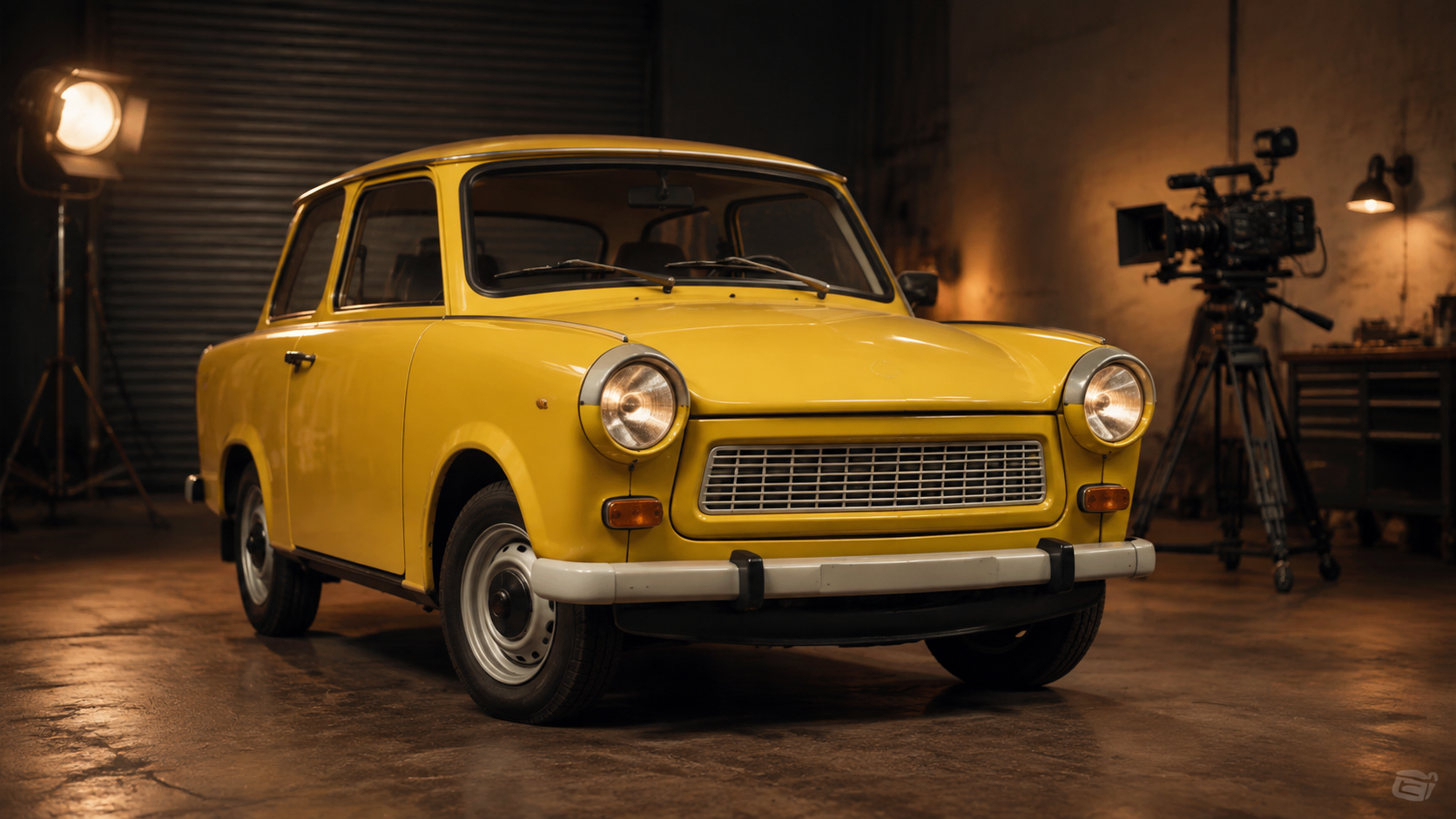 Žlutý Trabant připravený na natáčení marketingového videa